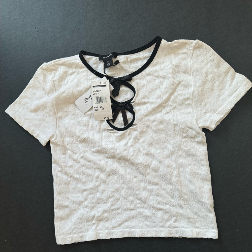 NWT White Textured Top w/ Black Bow Cutout Detail | Size M/L
